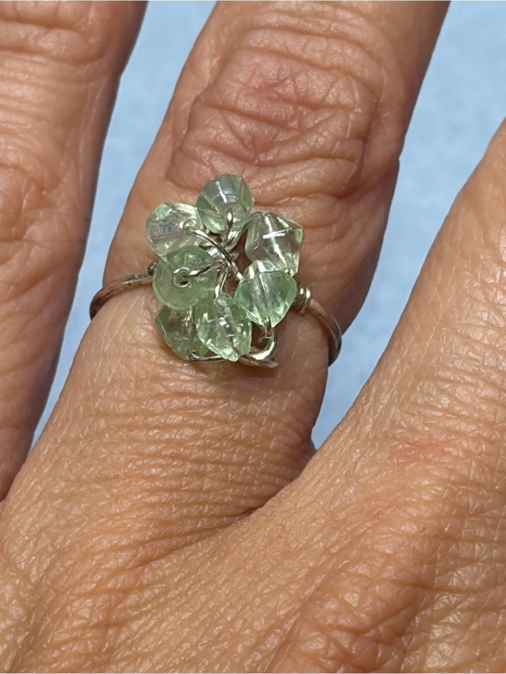Delicate Green Bead Cluster Wire Ring